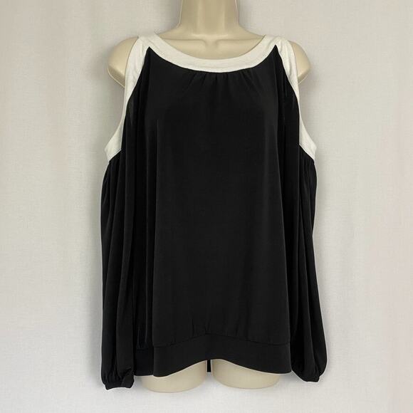 Chicos 2 Cold Shoulder Top Solid Black White Contrast Blouson Going Out Large - Picture 3 of 13